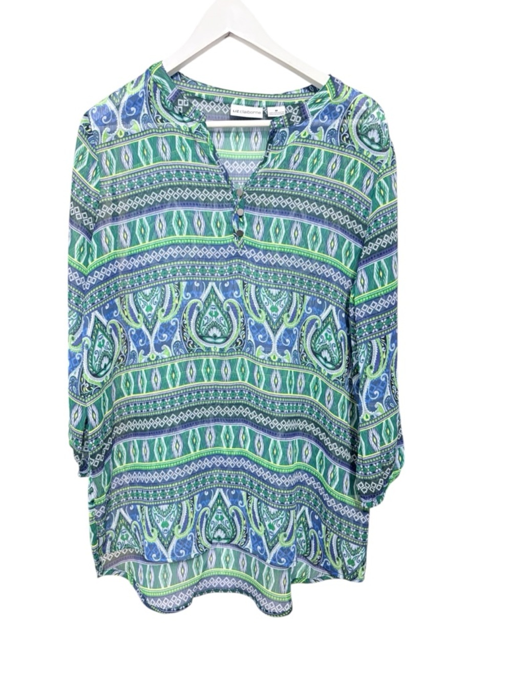 Liz Claiborne Blue Green Paisley Boho Sheer Tunic Popover Split Neck Blouse Sz M